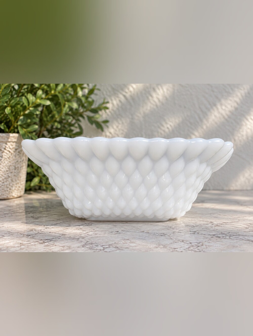 Vintage Anchor Hocking Milk Glass Diamond Hobnail Square Bowls Pair 6.5"